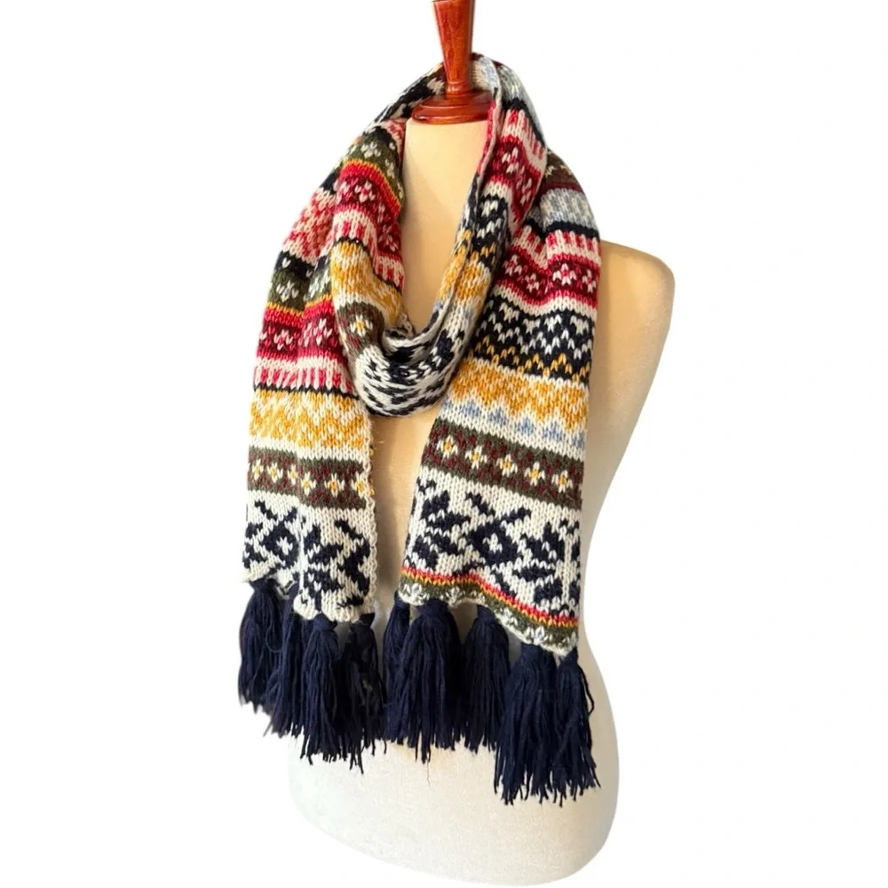 Old Navy Fair Isle Multicolor Knit Scarf 9”X 72” Navy Red Yellow Wool Nordic